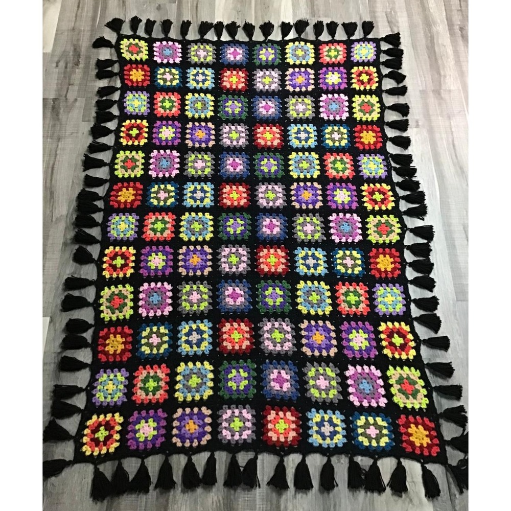 Handmade Crochet Granny Square Throw Blanket Multi Color Tassel Trim Boho 64x46